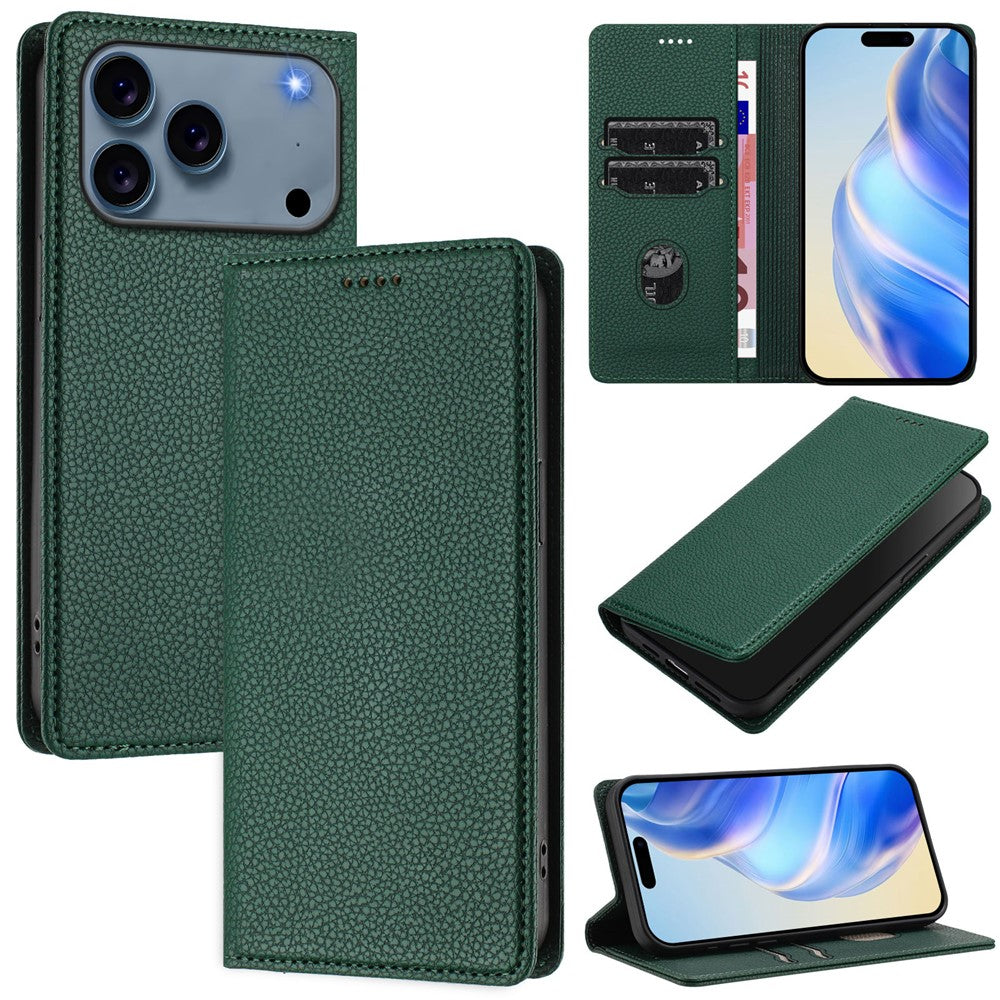 For iPhone 17 Pro Max Wallet Case RFID Blocking Litchi Texture Leather Mobile Cover - Dark Green