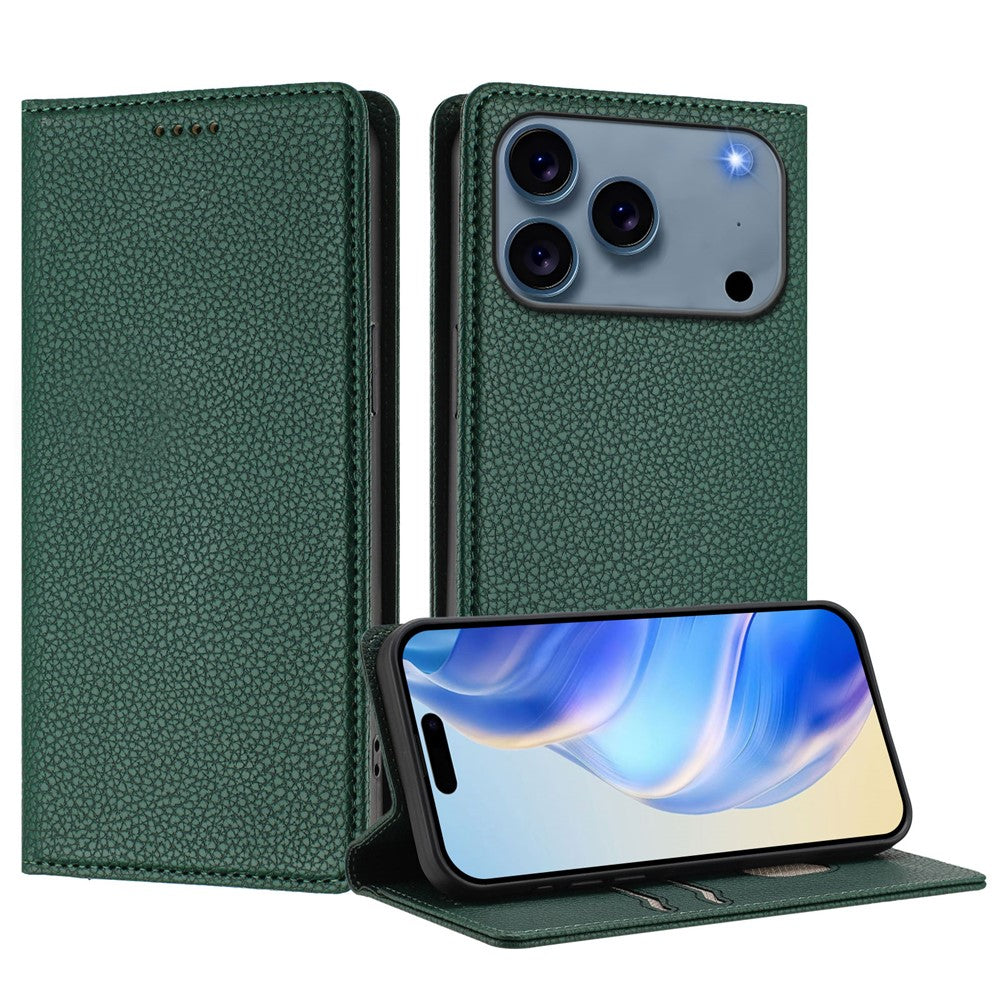 For iPhone 17 Pro Max Wallet Case RFID Blocking Litchi Texture Leather Mobile Cover - Dark Green