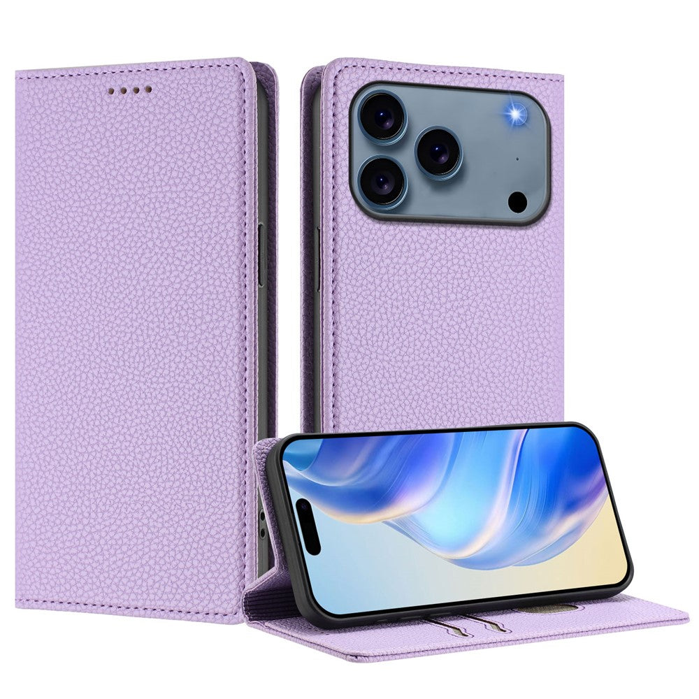 For iPhone 17 Pro Max Wallet Case RFID Blocking Litchi Texture Leather Mobile Cover - Light Purple