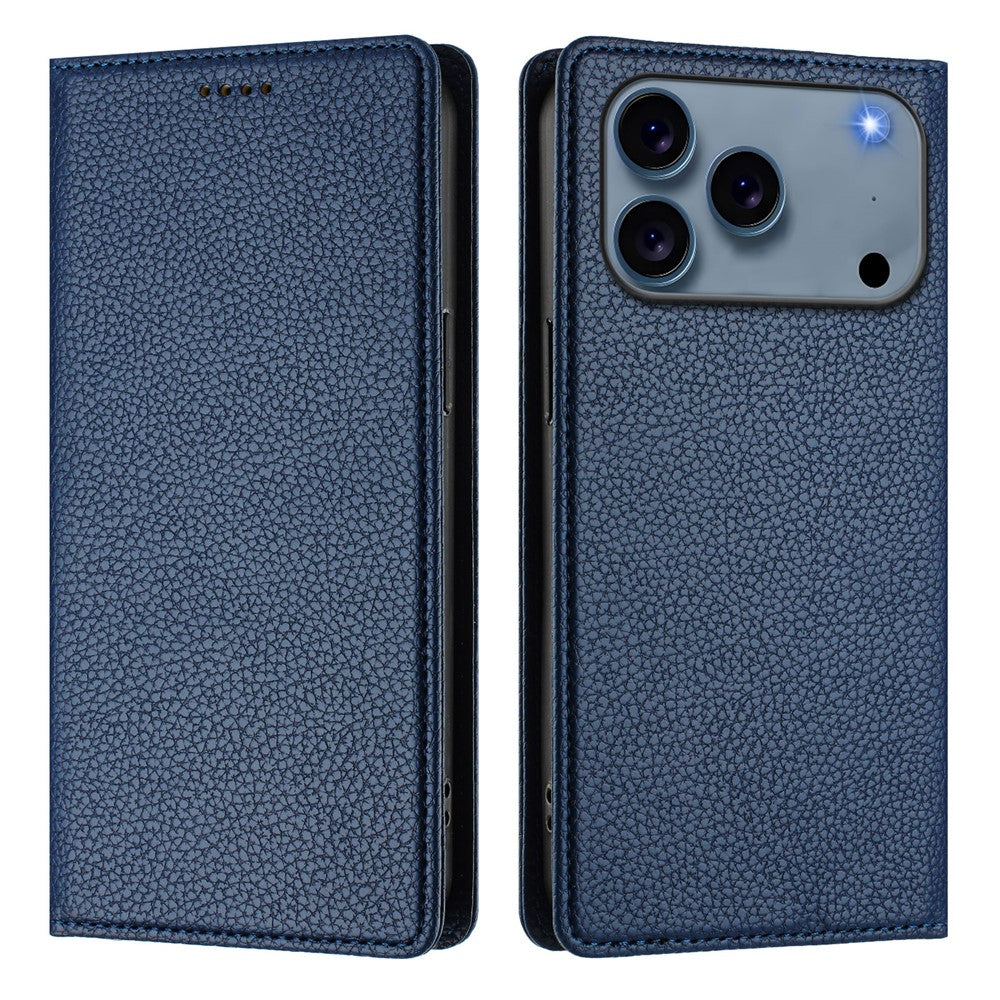 For iPhone 17 Pro Max Wallet Case RFID Blocking Litchi Texture Leather Mobile Cover - Dark Blue