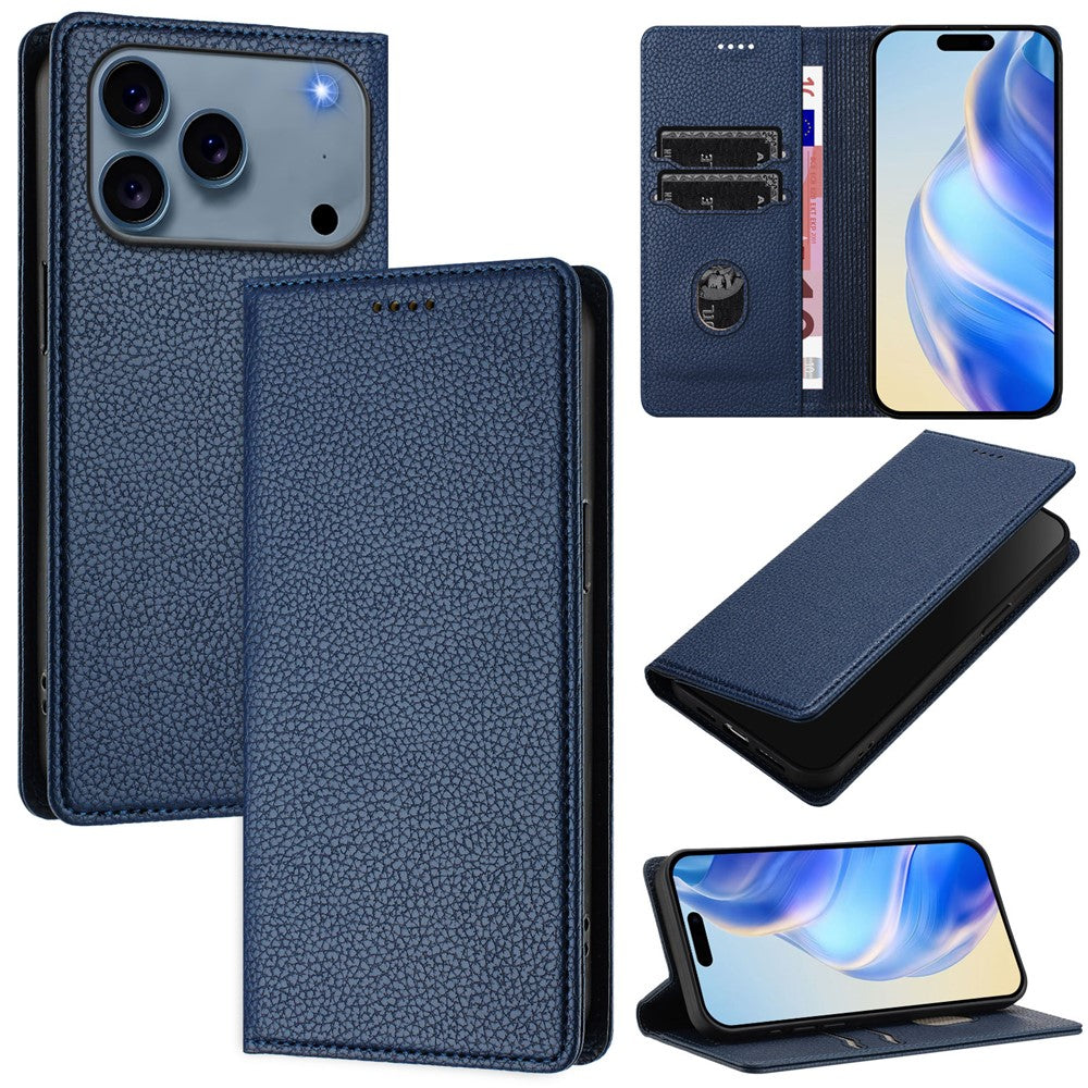For iPhone 17 Pro Max Wallet Case RFID Blocking Litchi Texture Leather Mobile Cover - Dark Blue