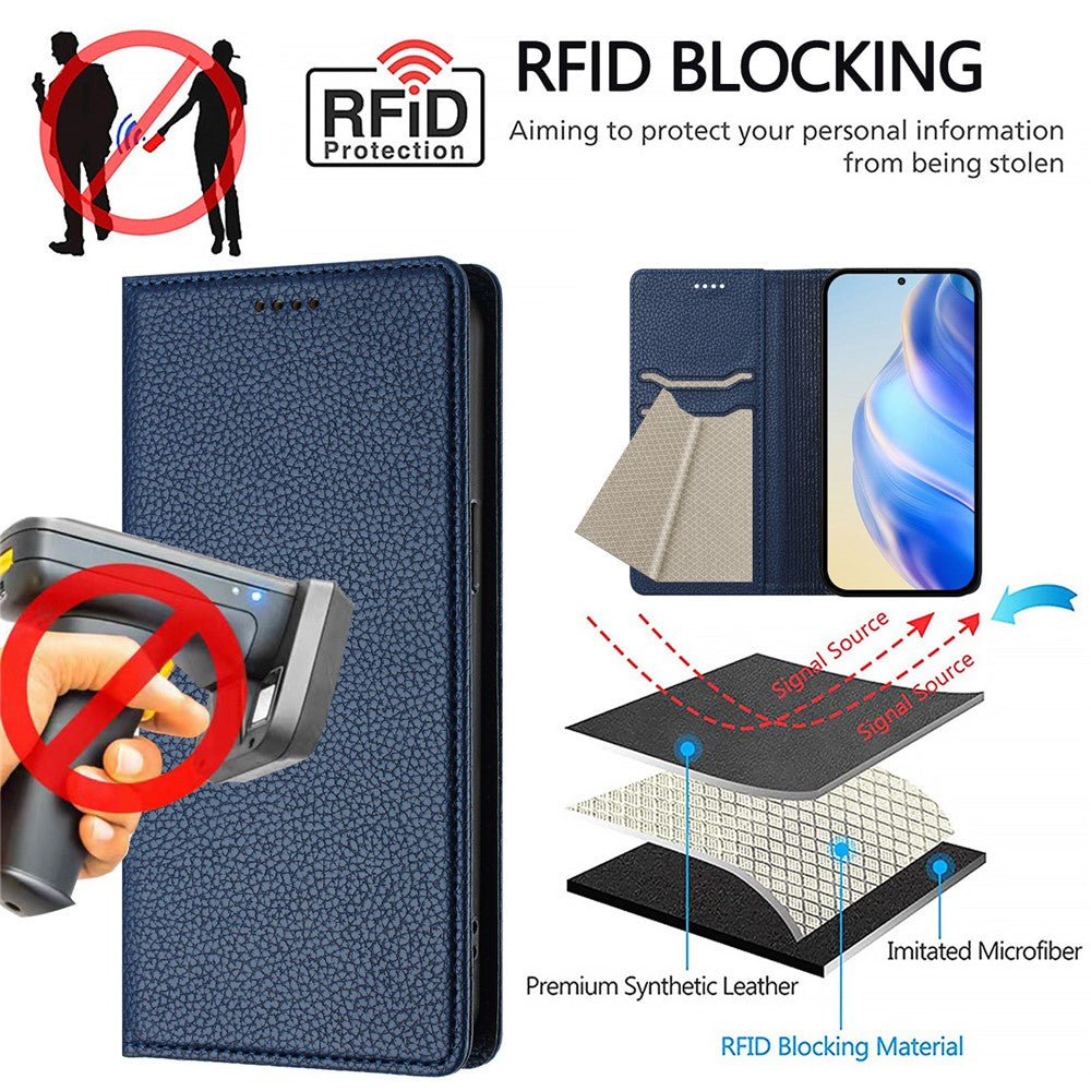 For iPhone 17 Pro Max Wallet Case RFID Blocking Litchi Texture Leather Mobile Cover - Dark Blue