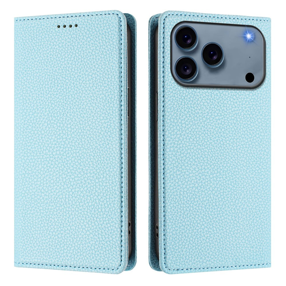 For iPhone 17 Pro Max Wallet Case RFID Blocking Litchi Texture Leather Mobile Cover - Baby Blue