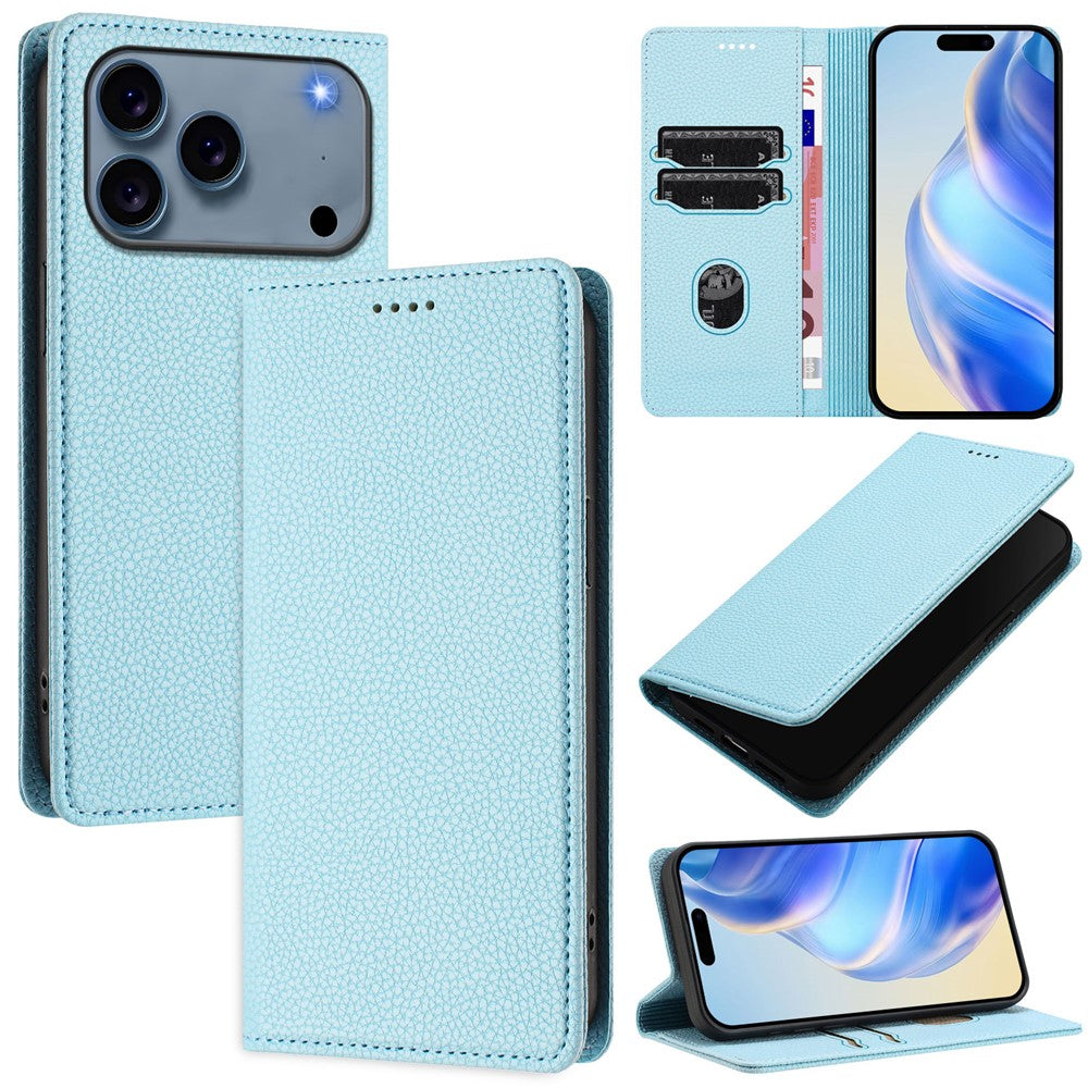 For iPhone 17 Pro Max Wallet Case RFID Blocking Litchi Texture Leather Mobile Cover - Baby Blue