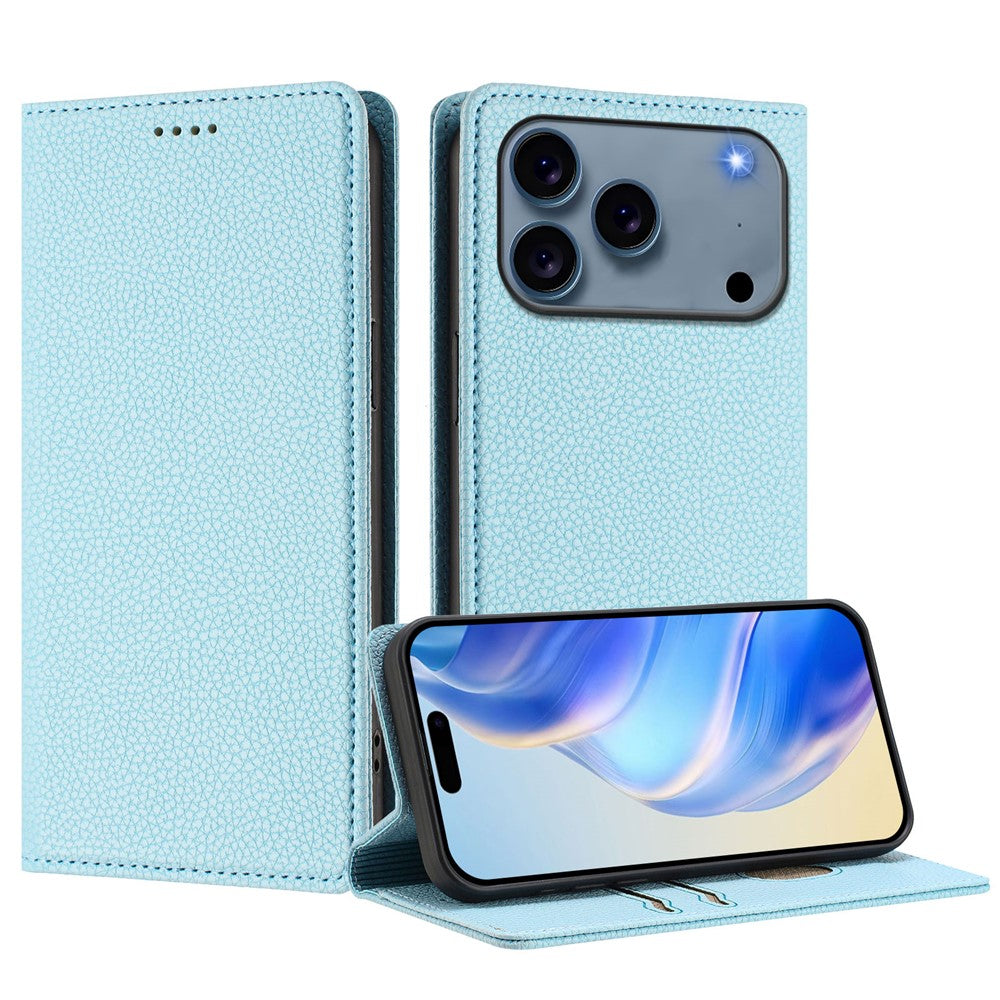 For iPhone 17 Pro Max Wallet Case RFID Blocking Litchi Texture Leather Mobile Cover - Baby Blue