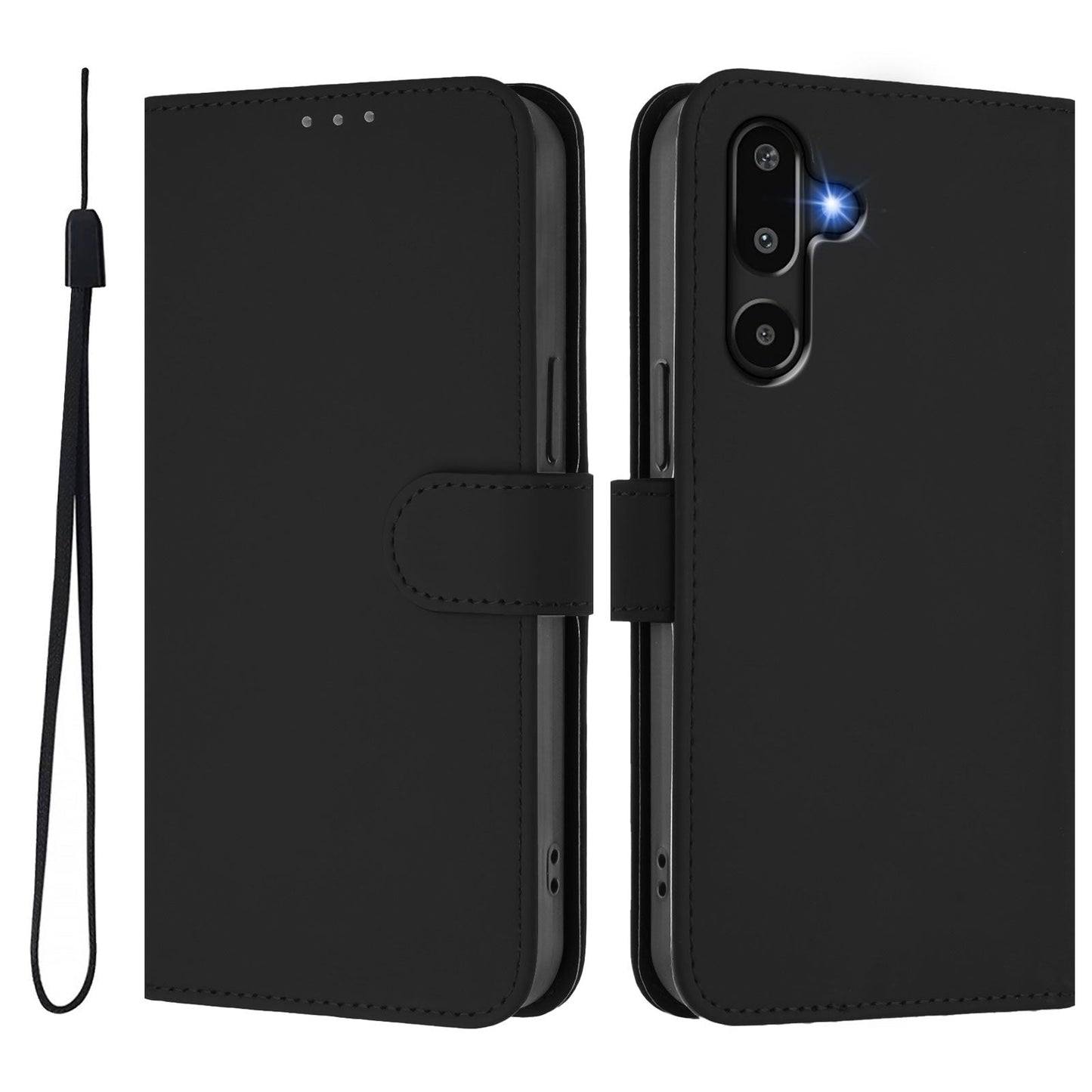 For Samsung Galaxy M16 5G / Galaxy F16 5G Case Solid Color Wallet Leather Phone Cover with Strap - Black