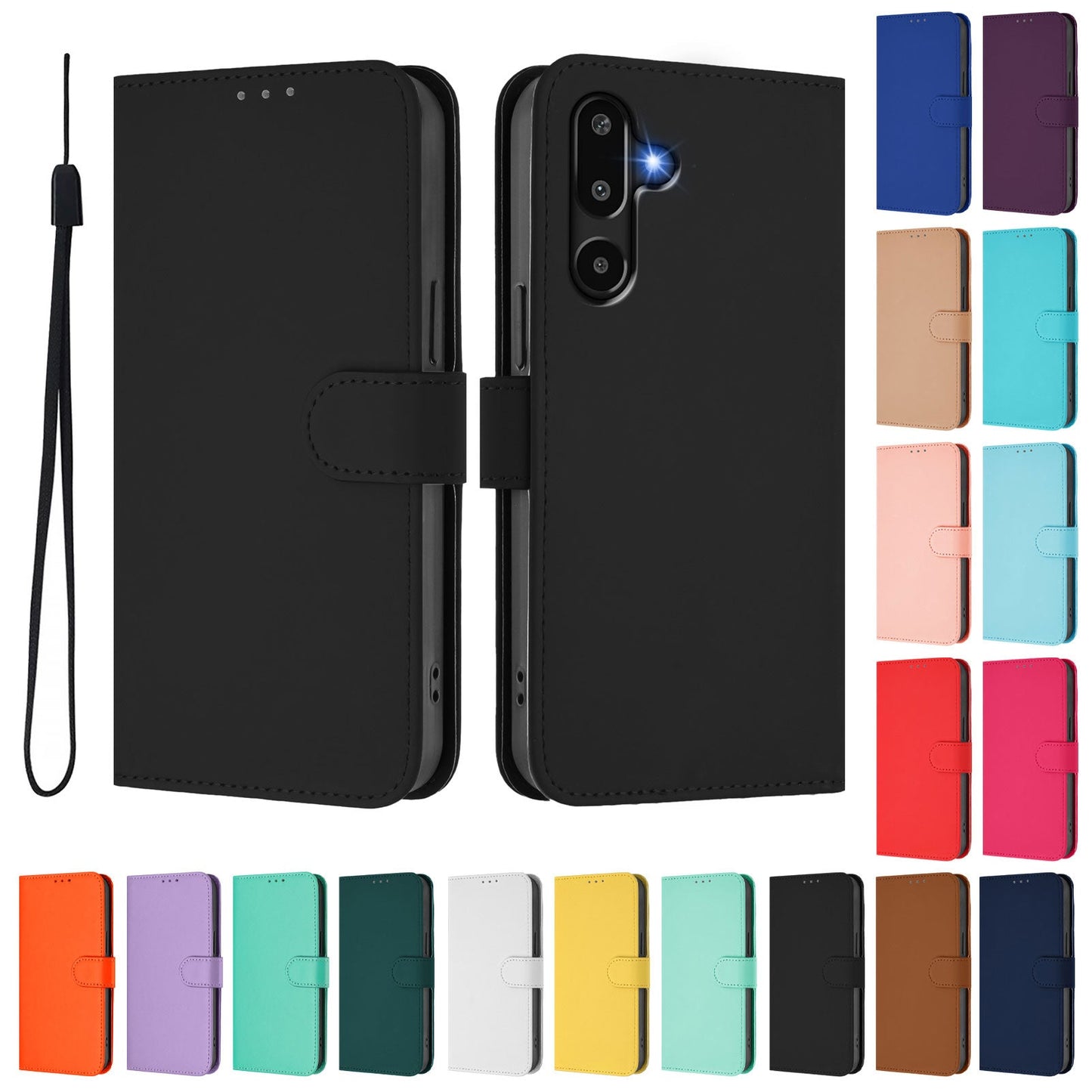 For Samsung Galaxy M16 5G / Galaxy F16 5G Case Solid Color Wallet Leather Phone Cover with Strap - Black
