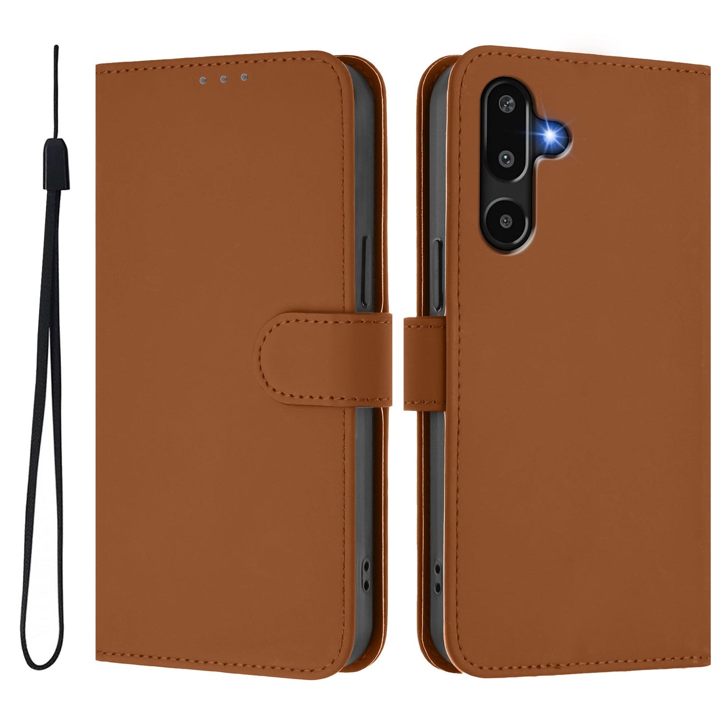For Samsung Galaxy M16 5G / Galaxy F16 5G Case Solid Color Wallet Leather Phone Cover with Strap - Brown