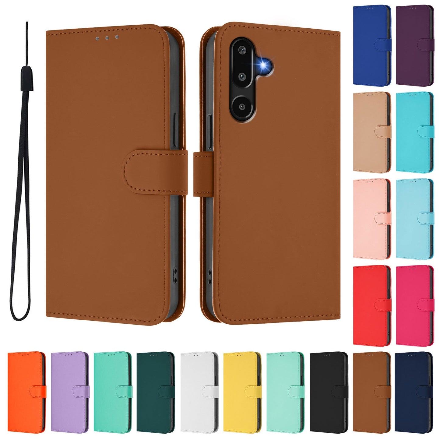 For Samsung Galaxy M16 5G / Galaxy F16 5G Case Solid Color Wallet Leather Phone Cover with Strap - Brown
