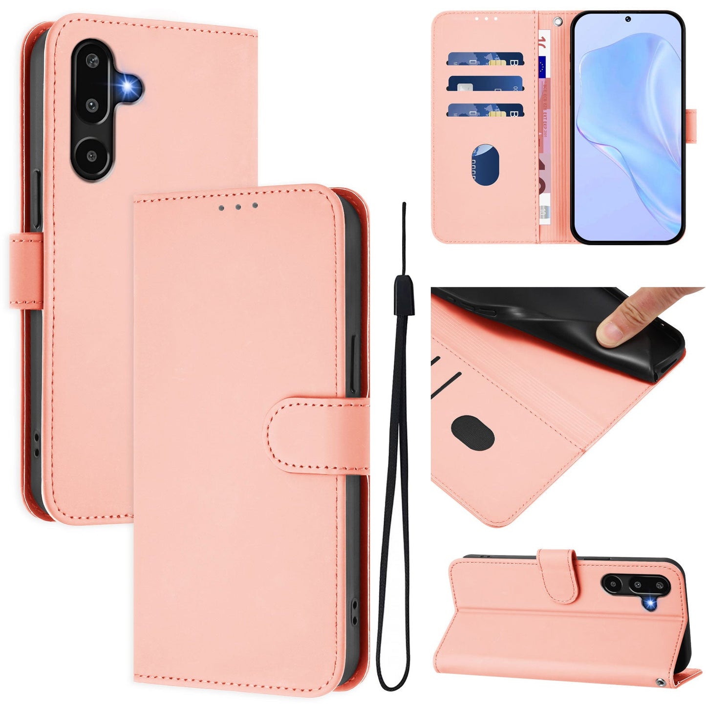 For Samsung Galaxy M16 5G / Galaxy F16 5G Case Solid Color Wallet Leather Phone Cover with Strap - Pink