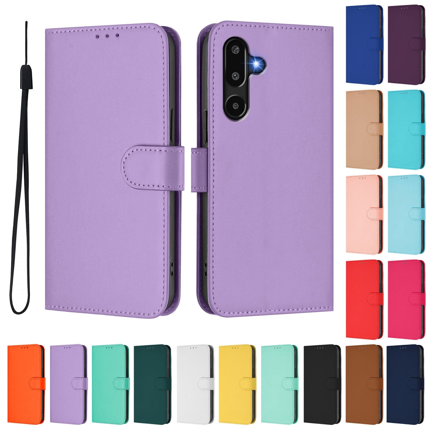 For Samsung Galaxy M16 5G / Galaxy F16 5G Case Solid Color Wallet Leather Phone Cover with Strap - Lavender