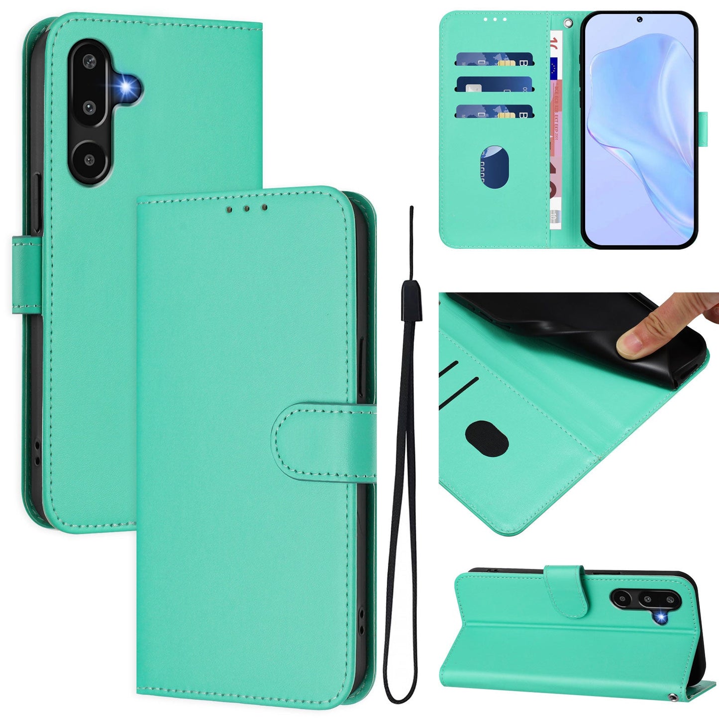 For Samsung Galaxy M16 5G / Galaxy F16 5G Case Solid Color Wallet Leather Phone Cover with Strap - Green