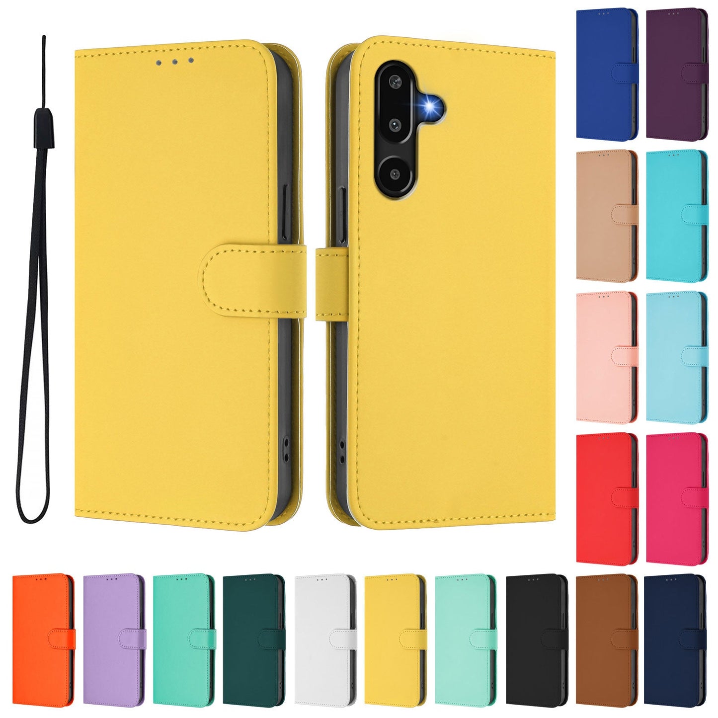For Samsung Galaxy M16 5G / Galaxy F16 5G Case Solid Color Wallet Leather Phone Cover with Strap - Lemon