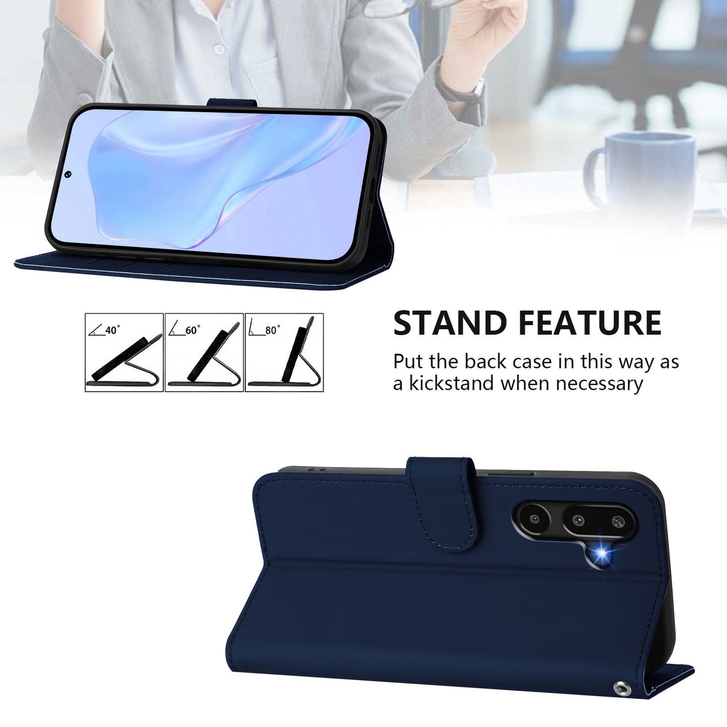 For Samsung Galaxy M16 5G / Galaxy F16 5G Case Solid Color Wallet Leather Phone Cover with Strap - Navy Blue