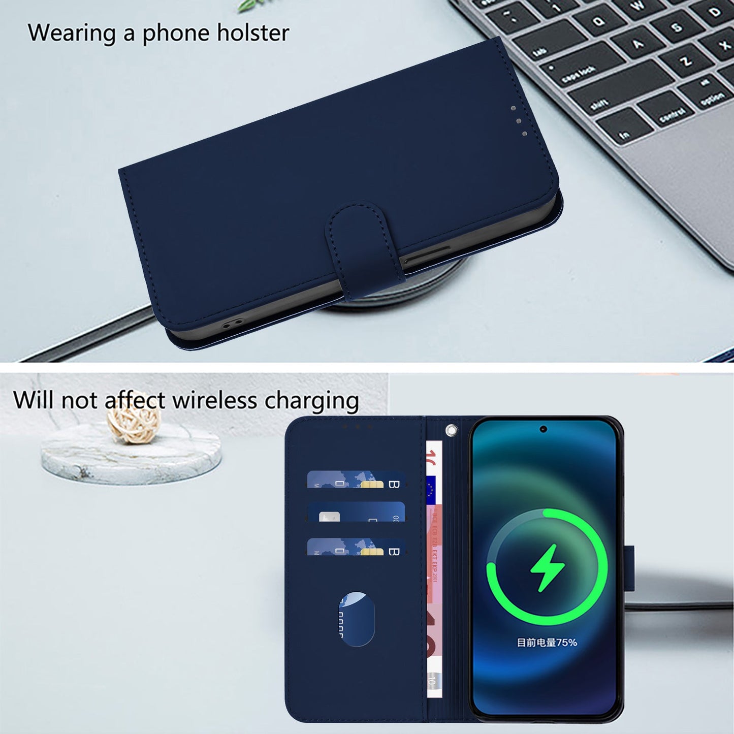 For Samsung Galaxy M16 5G / Galaxy F16 5G Case Solid Color Wallet Leather Phone Cover with Strap - Navy Blue