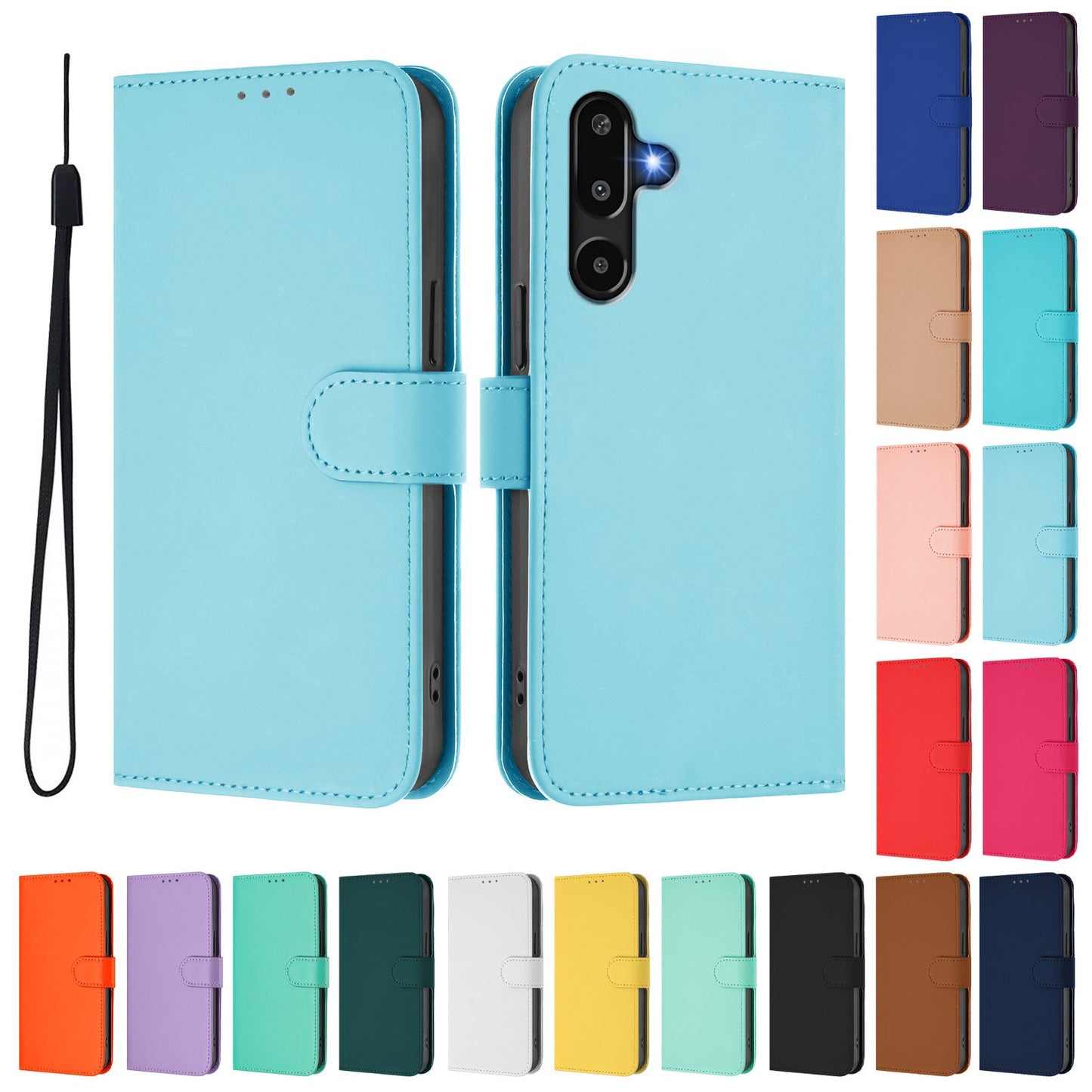 For Samsung Galaxy M16 5G / Galaxy F16 5G Case Solid Color Wallet Leather Phone Cover with Strap - Sky Blue