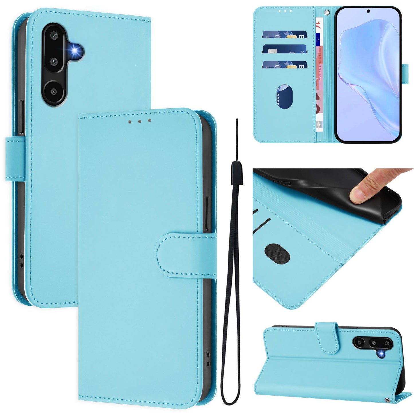 For Samsung Galaxy M16 5G / Galaxy F16 5G Case Solid Color Wallet Leather Phone Cover with Strap - Sky Blue