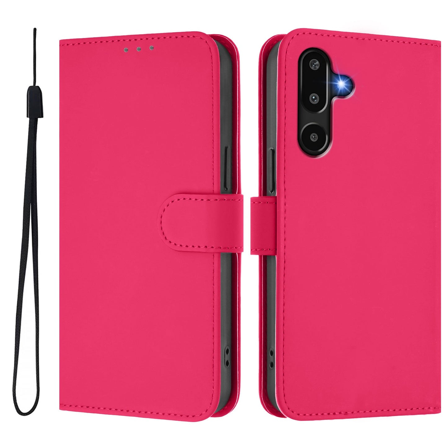 For Samsung Galaxy M16 5G / Galaxy F16 5G Case Solid Color Wallet Leather Phone Cover with Strap - Rose Red