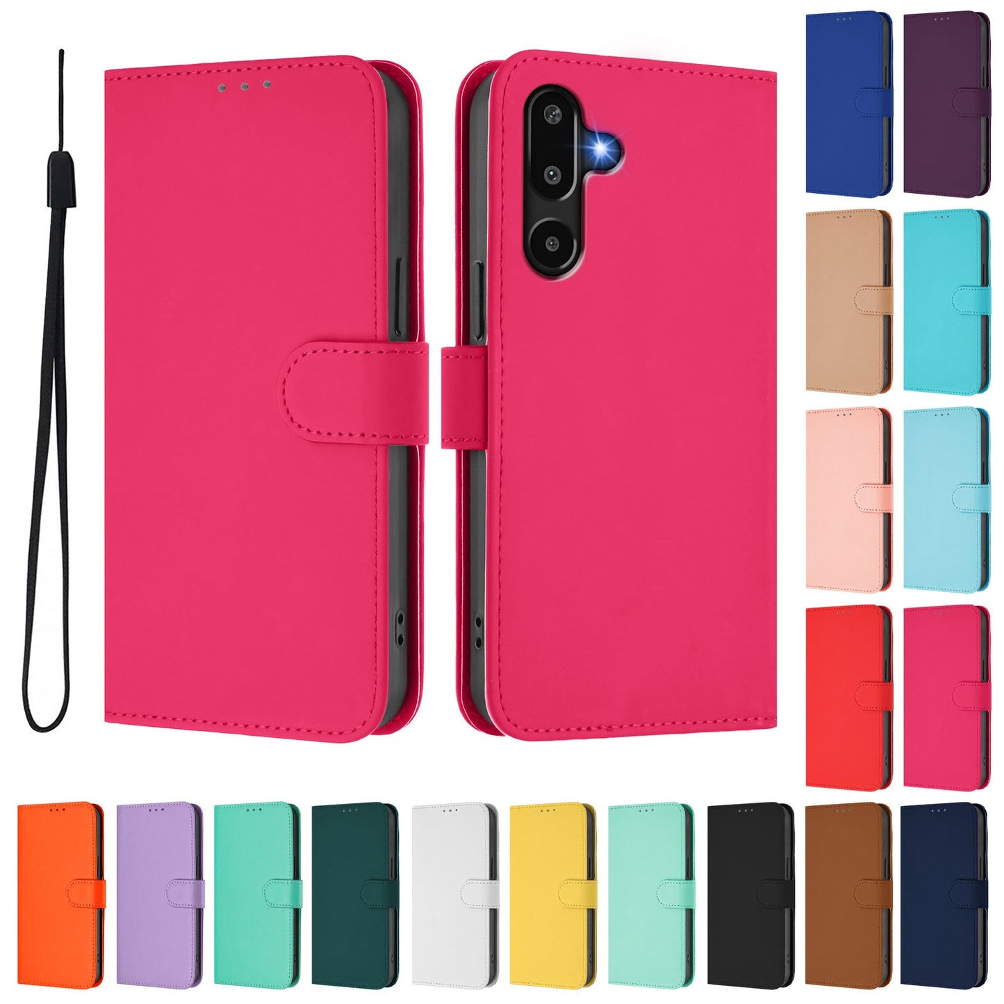 For Samsung Galaxy M16 5G / Galaxy F16 5G Case Solid Color Wallet Leather Phone Cover with Strap - Rose Red