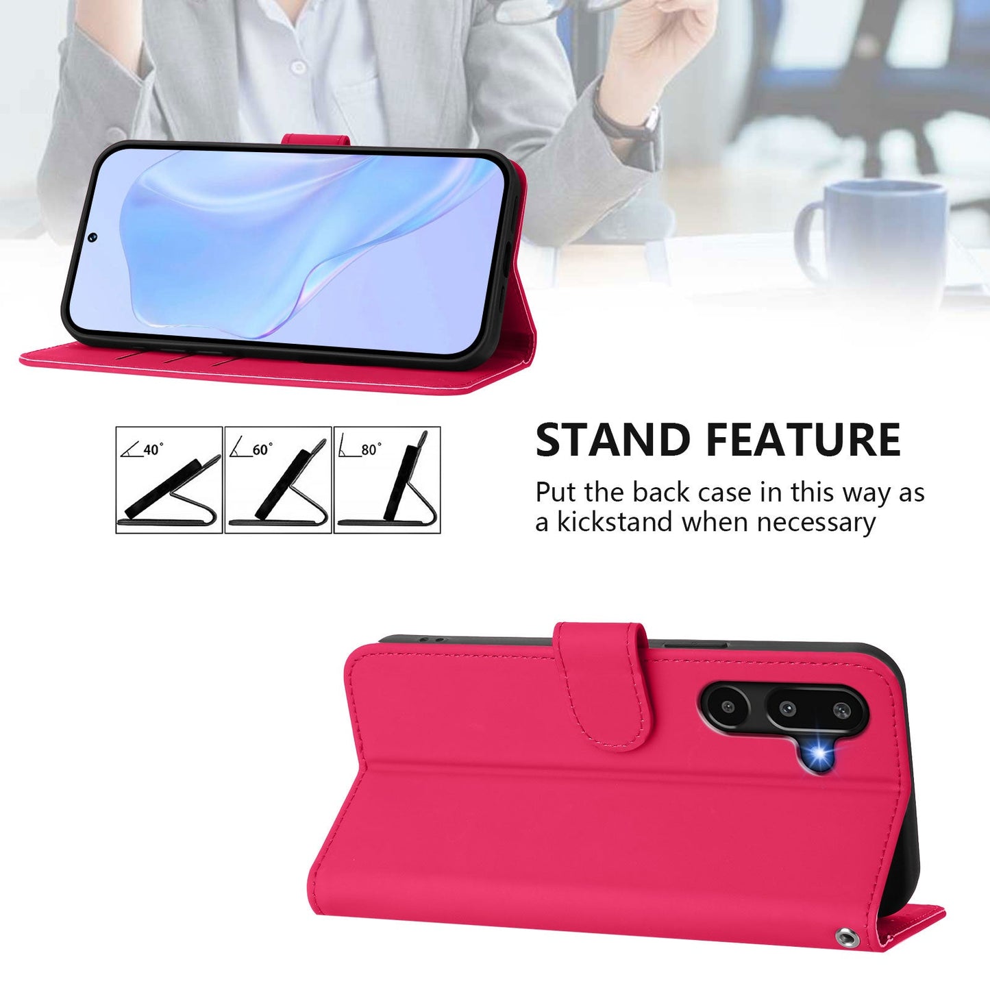 For Samsung Galaxy M16 5G / Galaxy F16 5G Case Solid Color Wallet Leather Phone Cover with Strap - Rose Red
