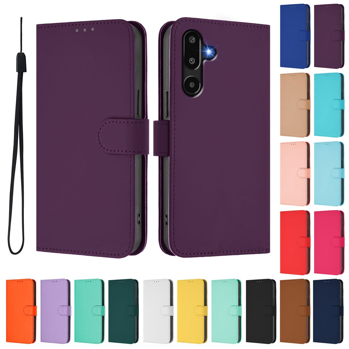For Samsung Galaxy M16 5G / Galaxy F16 5G Case Solid Color Wallet Leather Phone Cover with Strap - Voilet