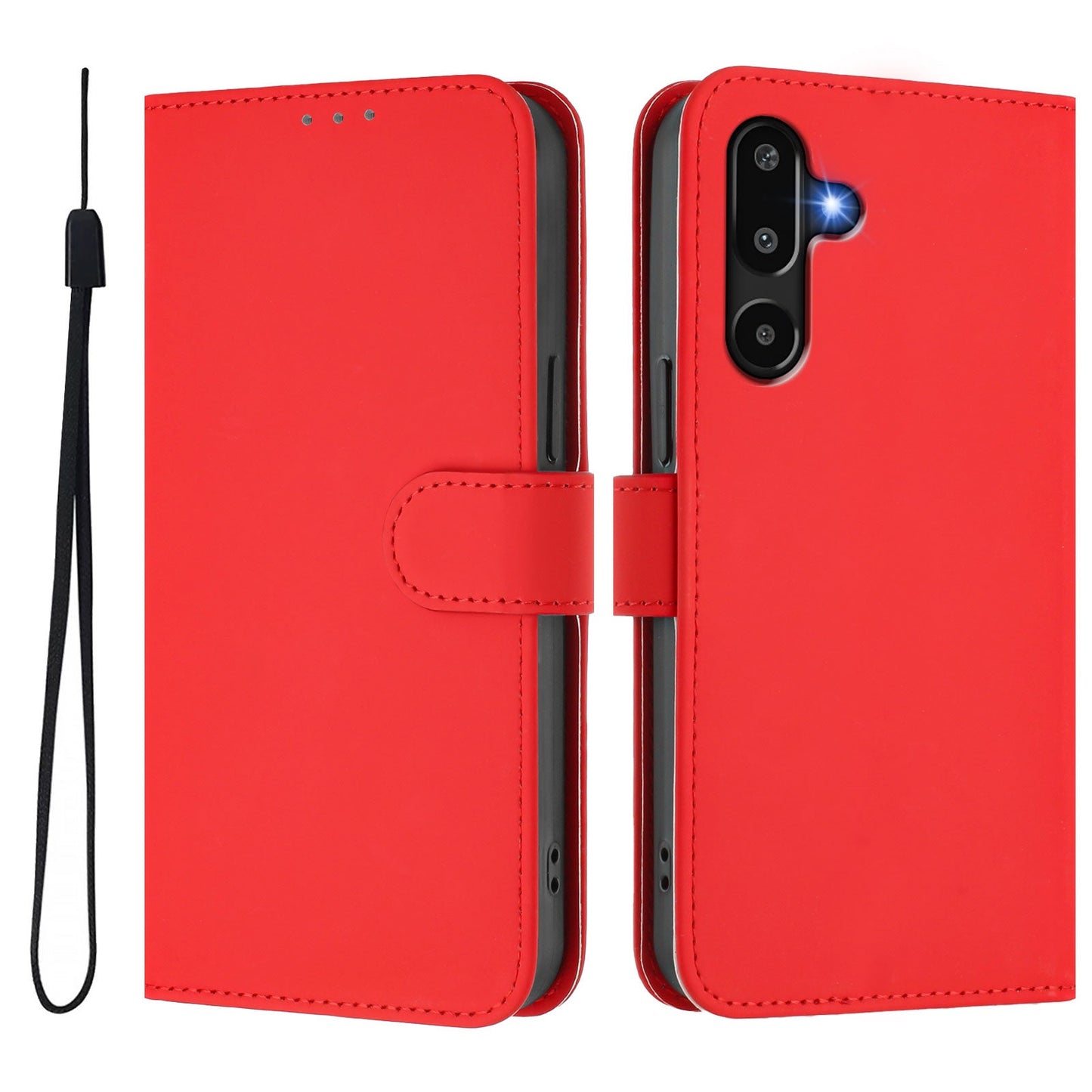 For Samsung Galaxy M16 5G / Galaxy F16 5G Case Solid Color Wallet Leather Phone Cover with Strap - Bright Red