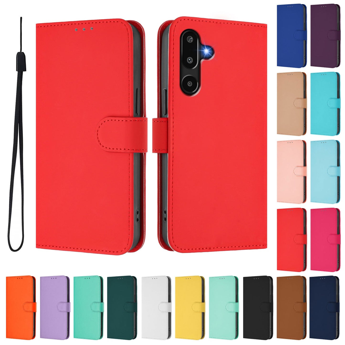 For Samsung Galaxy M16 5G / Galaxy F16 5G Case Solid Color Wallet Leather Phone Cover with Strap - Bright Red
