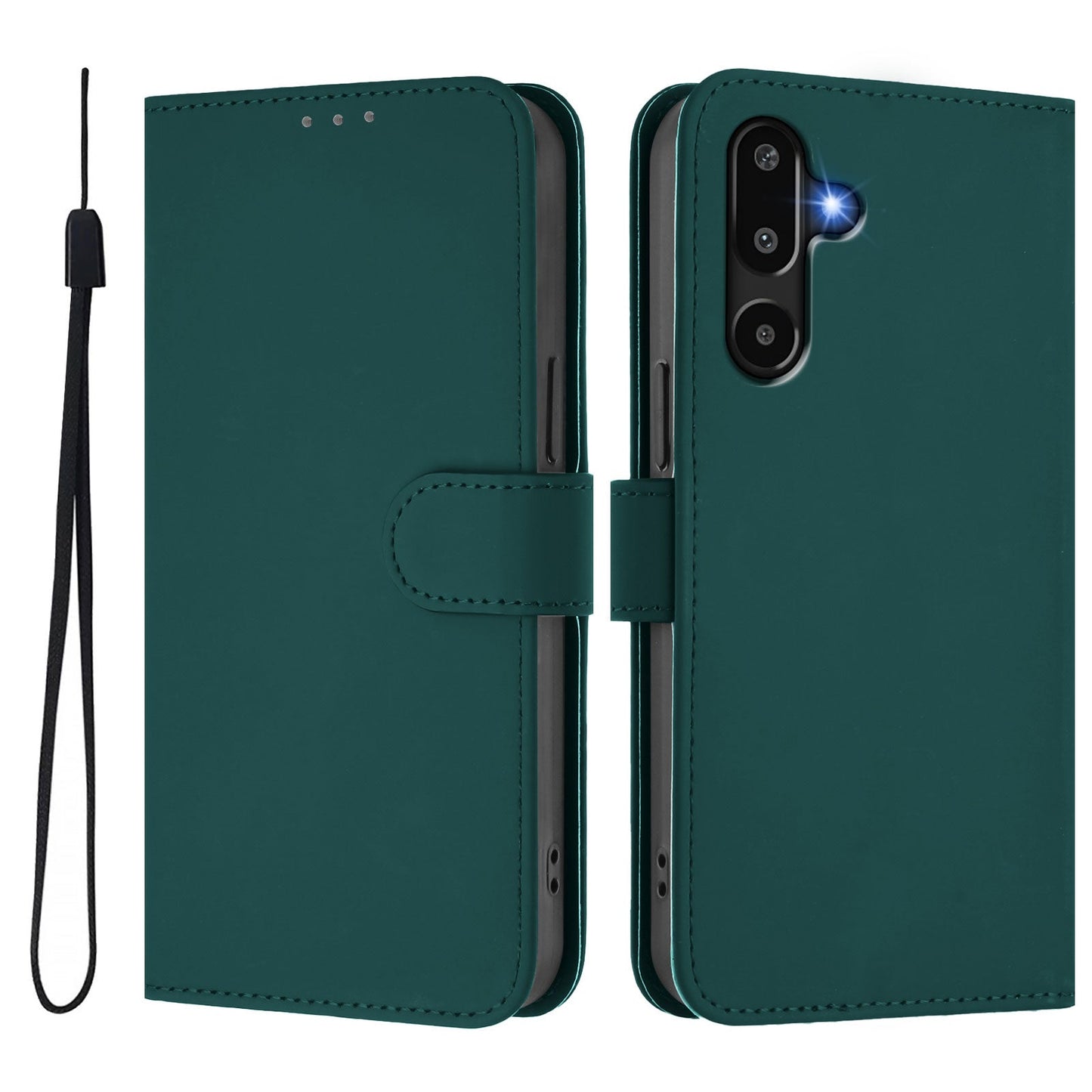 For Samsung Galaxy M16 5G / Galaxy F16 5G Case Solid Color Wallet Leather Phone Cover with Strap - Dark Green
