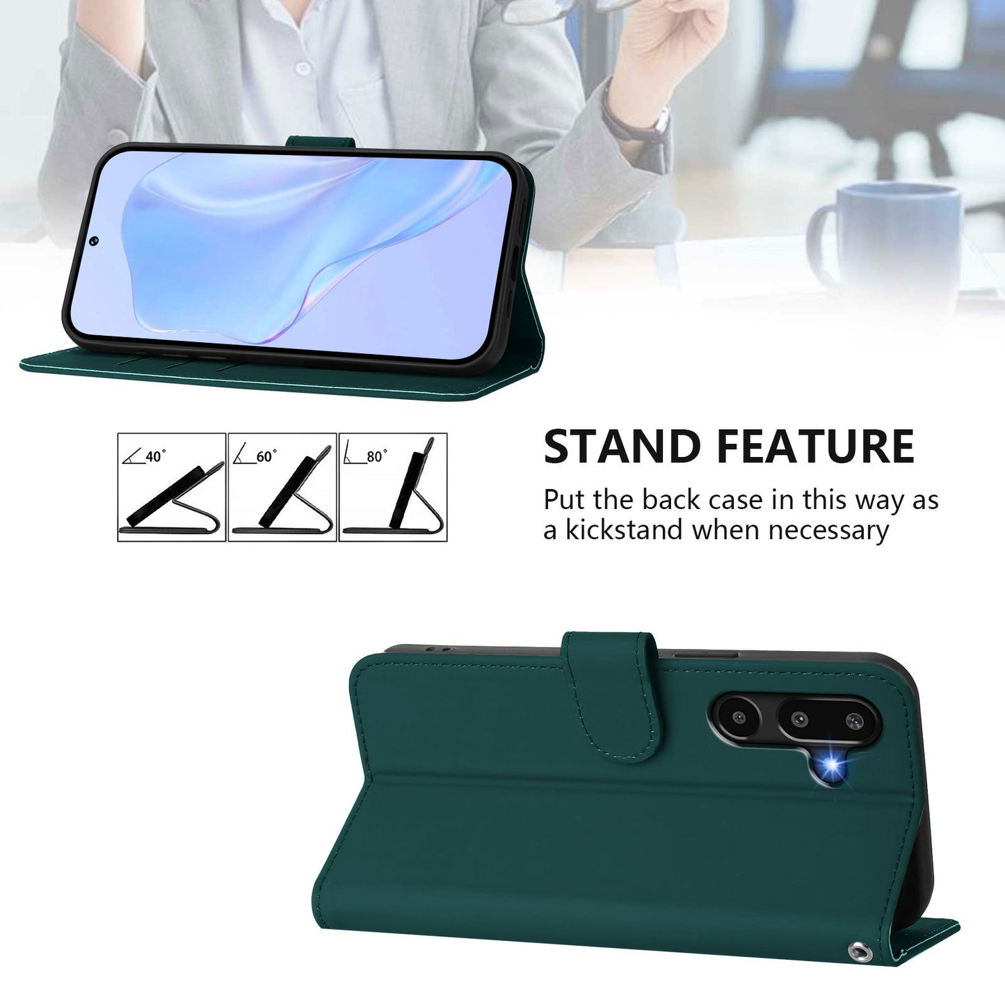 For Samsung Galaxy M16 5G / Galaxy F16 5G Case Solid Color Wallet Leather Phone Cover with Strap - Dark Green