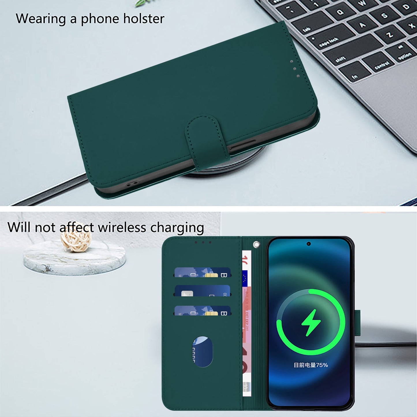 For Samsung Galaxy M16 5G / Galaxy F16 5G Case Solid Color Wallet Leather Phone Cover with Strap - Dark Green