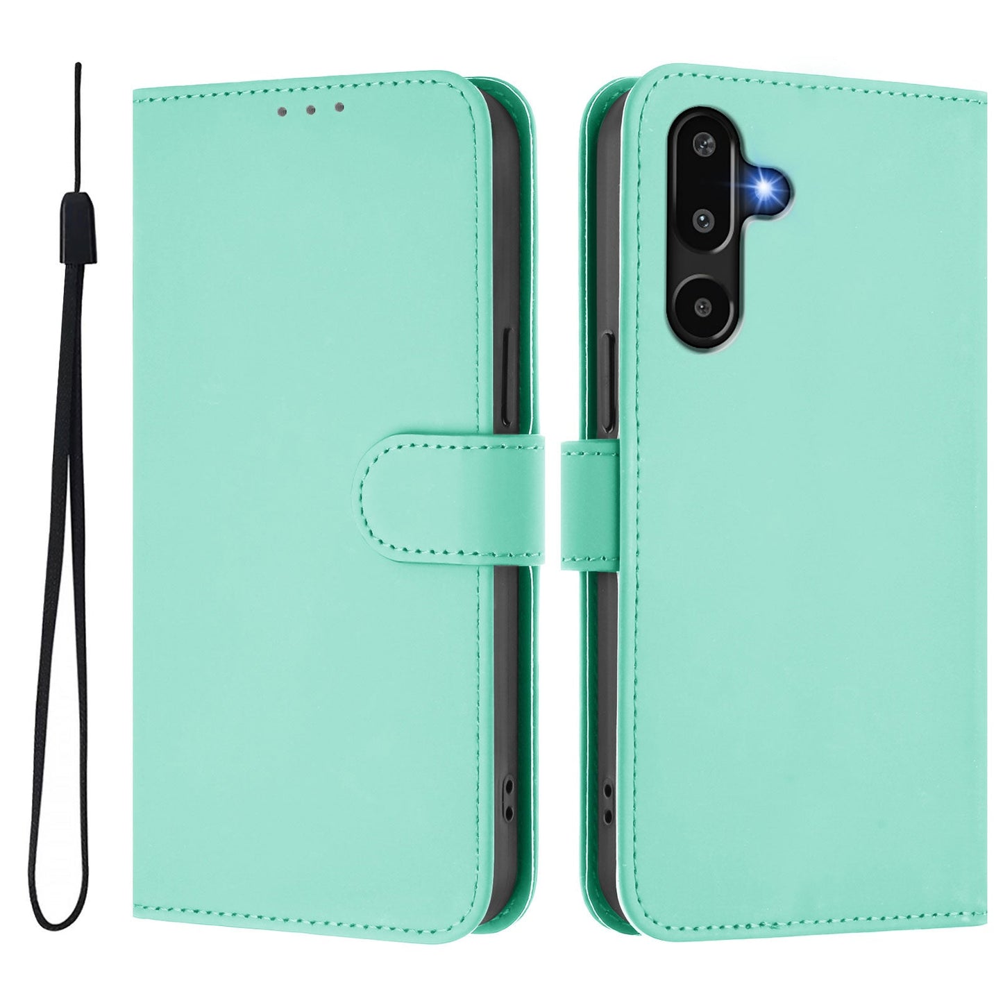 For Samsung Galaxy M16 5G / Galaxy F16 5G Case Solid Color Wallet Leather Phone Cover with Strap - Mint Green
