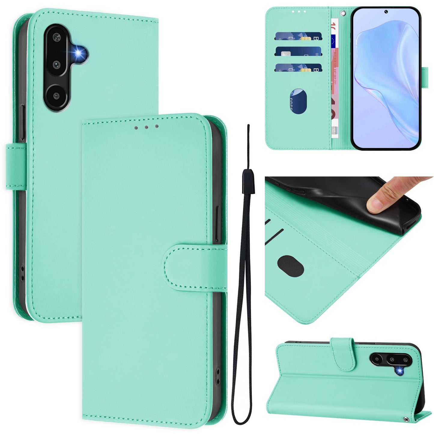 For Samsung Galaxy M16 5G / Galaxy F16 5G Case Solid Color Wallet Leather Phone Cover with Strap - Mint Green