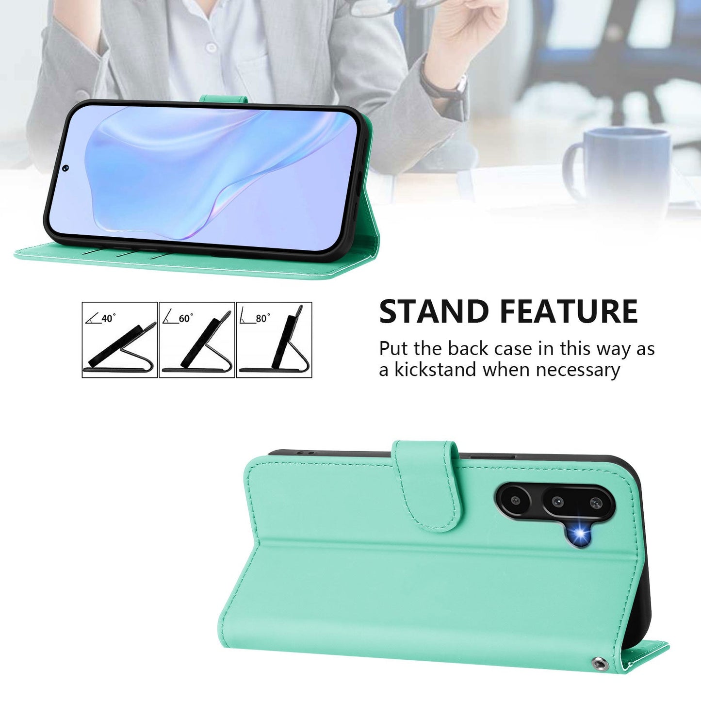 For Samsung Galaxy M16 5G / Galaxy F16 5G Case Solid Color Wallet Leather Phone Cover with Strap - Mint Green