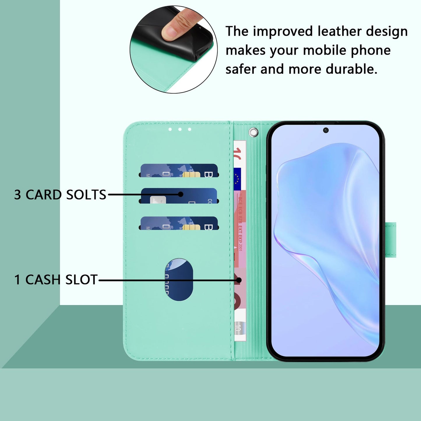 For Samsung Galaxy M16 5G / Galaxy F16 5G Case Solid Color Wallet Leather Phone Cover with Strap - Mint Green