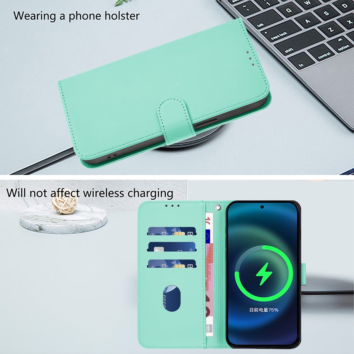 For Samsung Galaxy M16 5G / Galaxy F16 5G Case Solid Color Wallet Leather Phone Cover with Strap - Mint Green