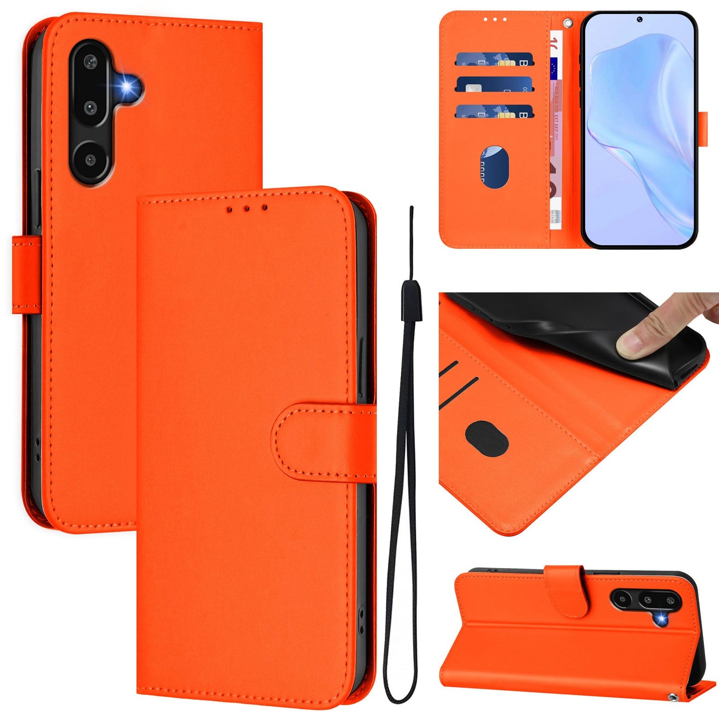 For Samsung Galaxy M16 5G / Galaxy F16 5G Case Solid Color Wallet Leather Phone Cover with Strap - Orange