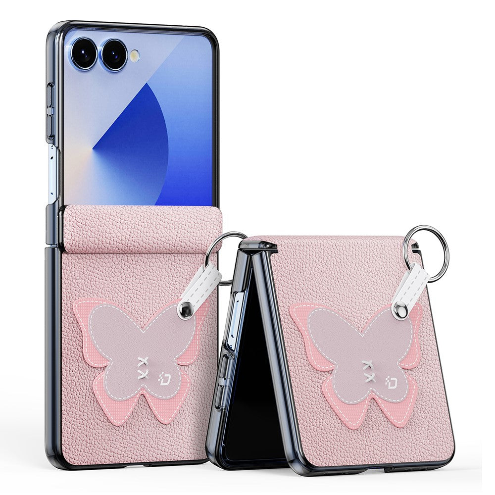 DUX DUCIS Luvy Series For Samsung Galaxy Z Flip7 5G Case PU Leather + PC Phone Case with Ring Holder / Strap - Pink Butterfly