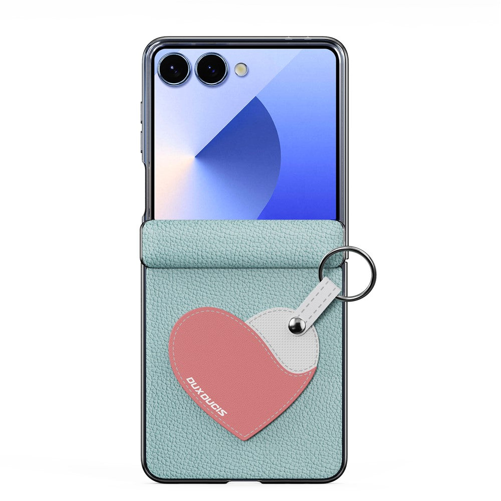 DUX DUCIS Luvy Series For Samsung Galaxy Z Flip7 5G Case PU Leather + PC Phone Case with Ring Holder / Strap - Cyan Blue Heart