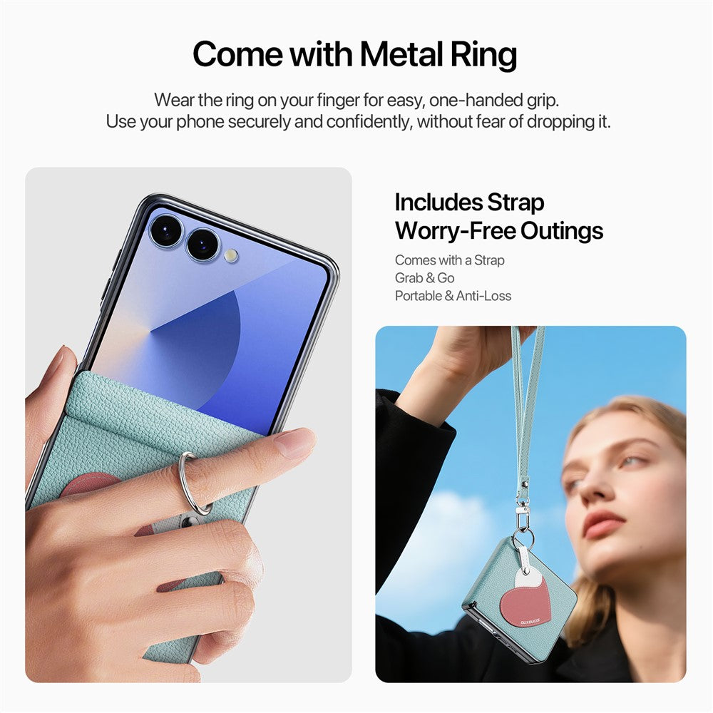 DUX DUCIS Luvy Series For Samsung Galaxy Z Flip7 5G Case PU Leather + PC Phone Case with Ring Holder / Strap - Cyan Blue Heart
