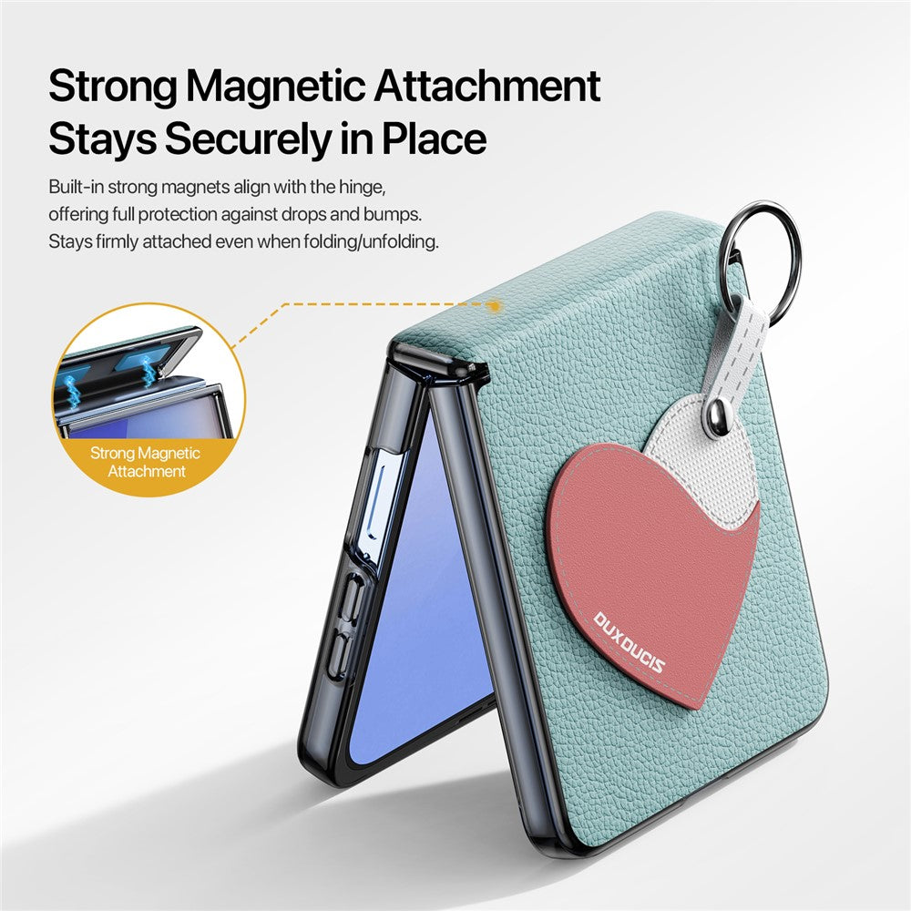 DUX DUCIS Luvy Series For Samsung Galaxy Z Flip7 5G Case PU Leather + PC Phone Case with Ring Holder / Strap - Cyan Blue Heart