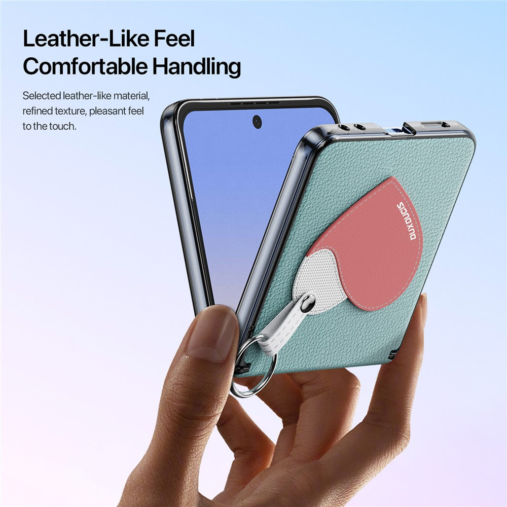 DUX DUCIS Luvy Series For Samsung Galaxy Z Flip7 5G Case PU Leather + PC Phone Case with Ring Holder / Strap - Cyan Blue Heart