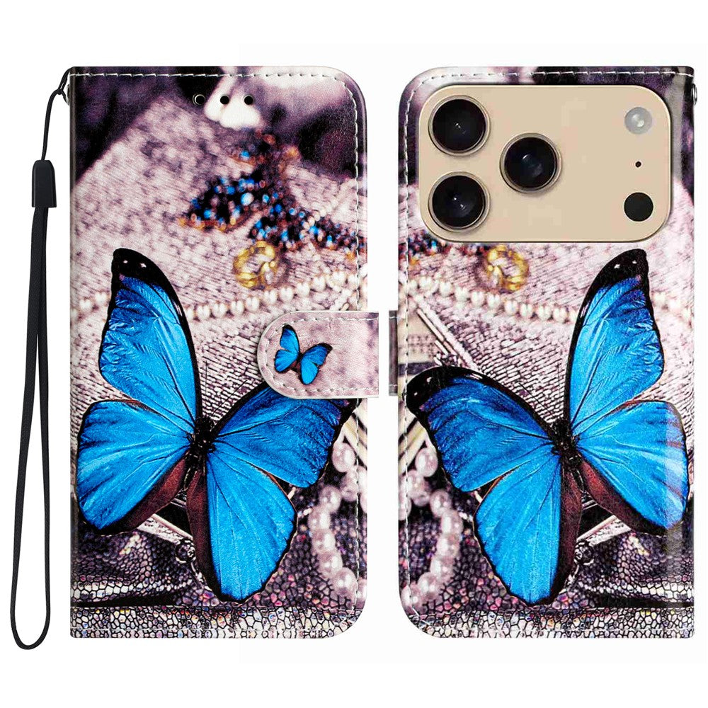 For iPhone 17 Pro Max Wallet Case Printed Pattern Design Leather Phone Cover - Blue Butterfly