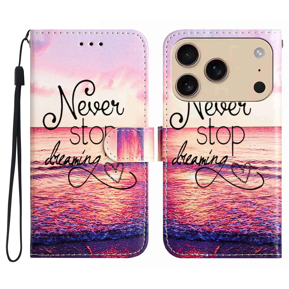 For iPhone 17 Pro Max Wallet Case Printed Pattern Design Leather Phone Cover - Never Stop Dreaming