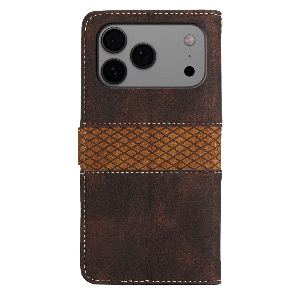 For iPhone 17 Pro Max Case Grid Splicing Stand Wallet Leather Phone Cover - Brown