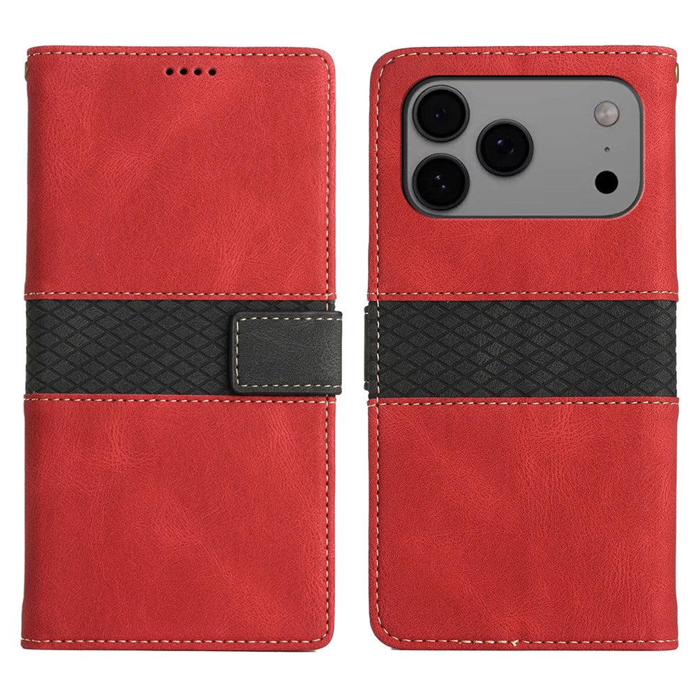For iPhone 17 Pro Max Case Grid Splicing Stand Wallet Leather Phone Cover - Red
