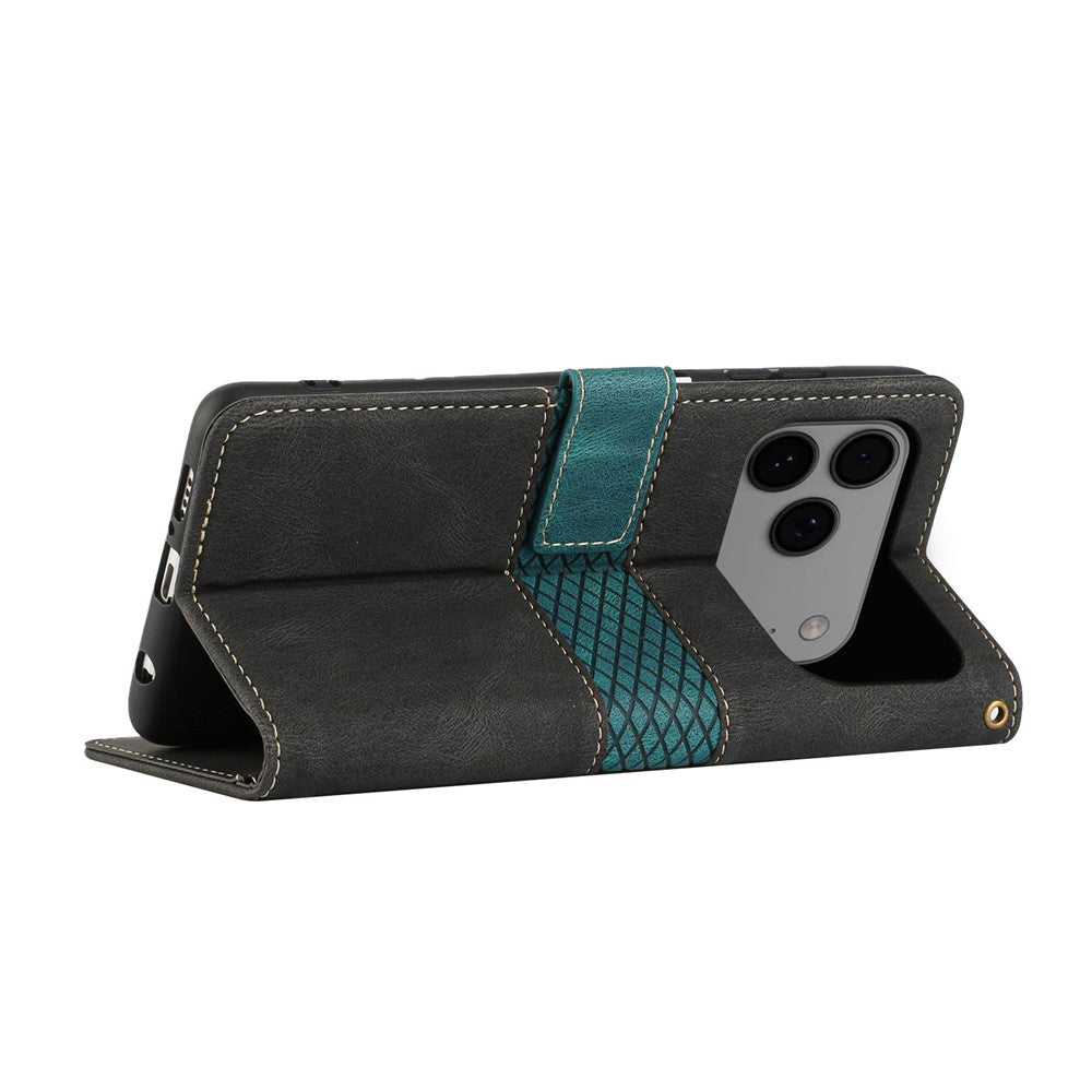 For iPhone 17 Pro Max Case Grid Splicing Stand Wallet Leather Phone Cover - Black