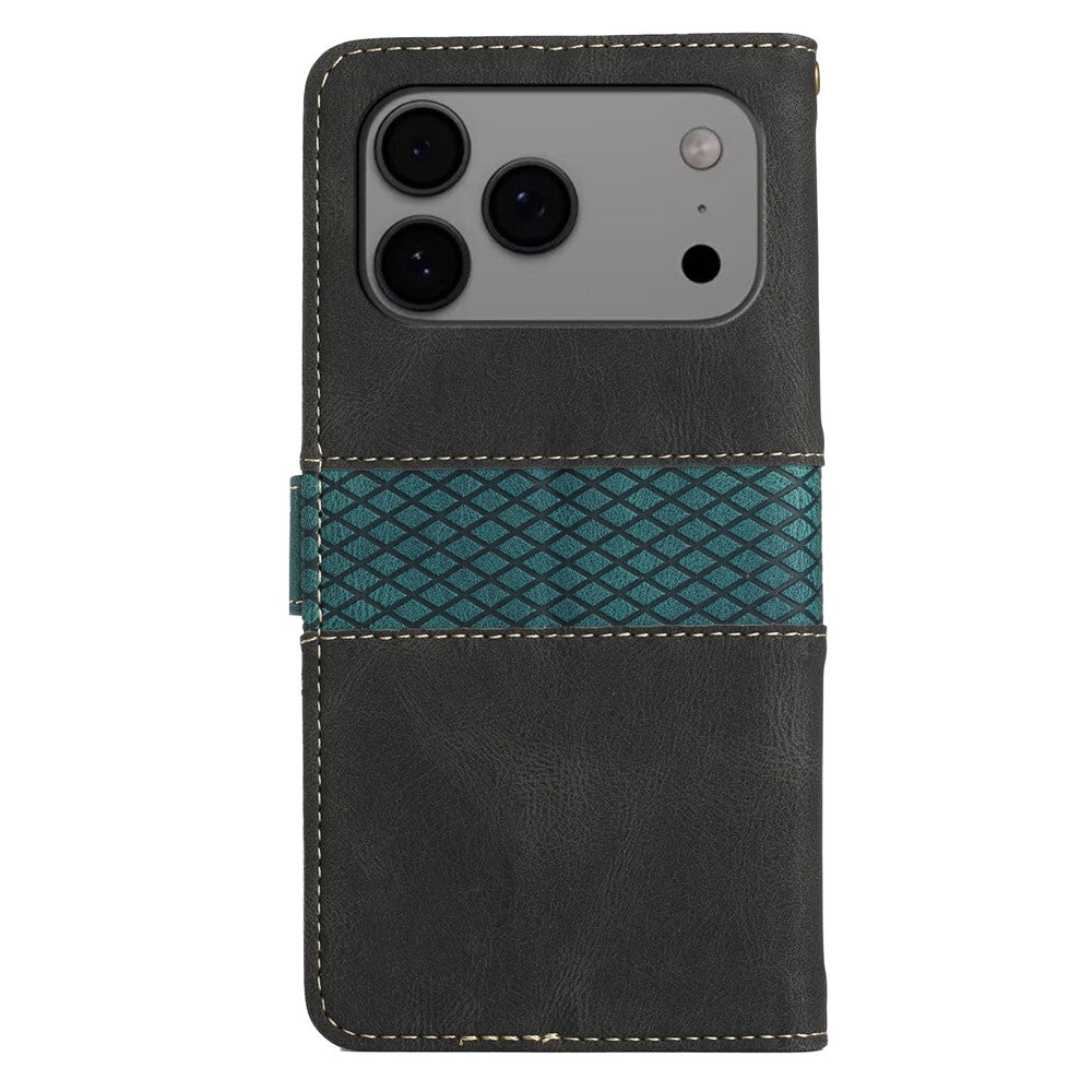 For iPhone 17 Pro Max Case Grid Splicing Stand Wallet Leather Phone Cover - Black