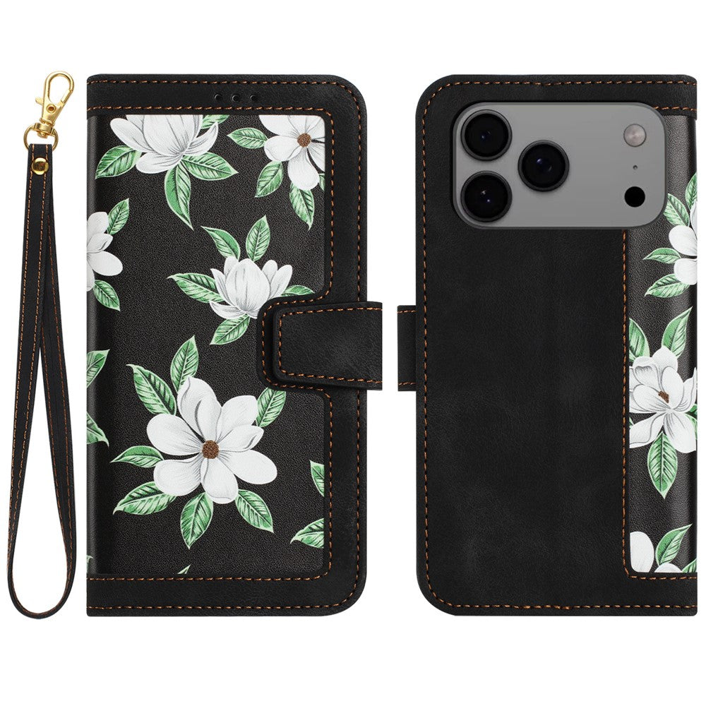 For iPhone 17 Pro Max Case PU Leather Floral Phone Cover with Card Slots / Wrist Strap - Black