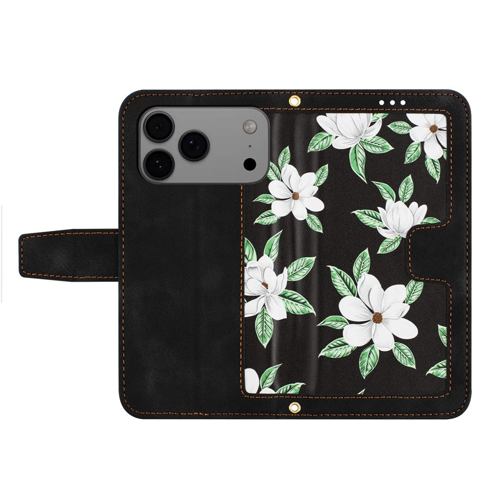 For iPhone 17 Pro Max Case PU Leather Floral Phone Cover with Card Slots / Wrist Strap - Black