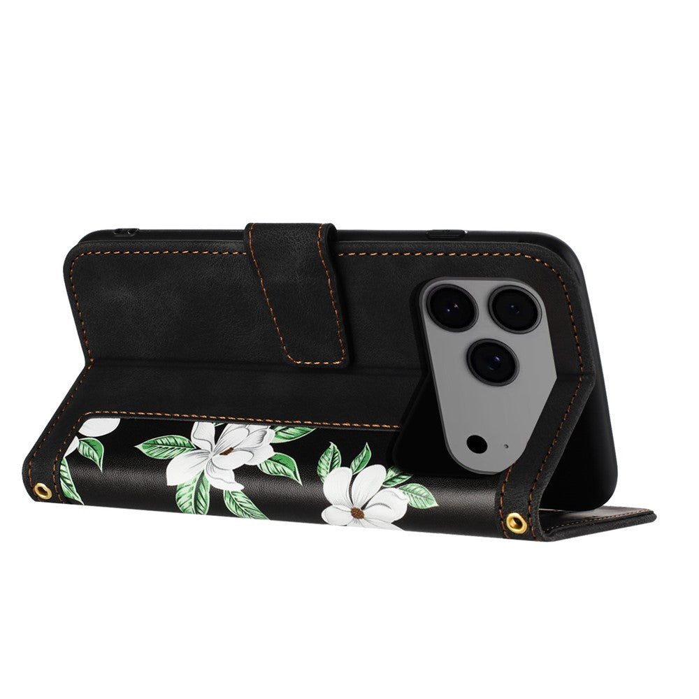 For iPhone 17 Pro Max Case PU Leather Floral Phone Cover with Card Slots / Wrist Strap - Black